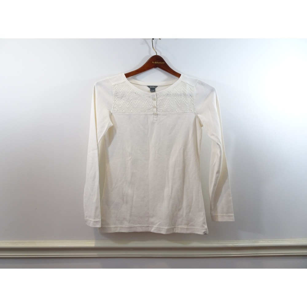 Eddie Bauer Womens Ivory Waffle Knit Henley Long Sleeve Embroidered Yoke Top S